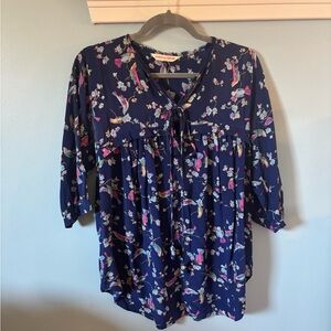 Rebecca Taylor Navy Floral Tie-Neck Blouse